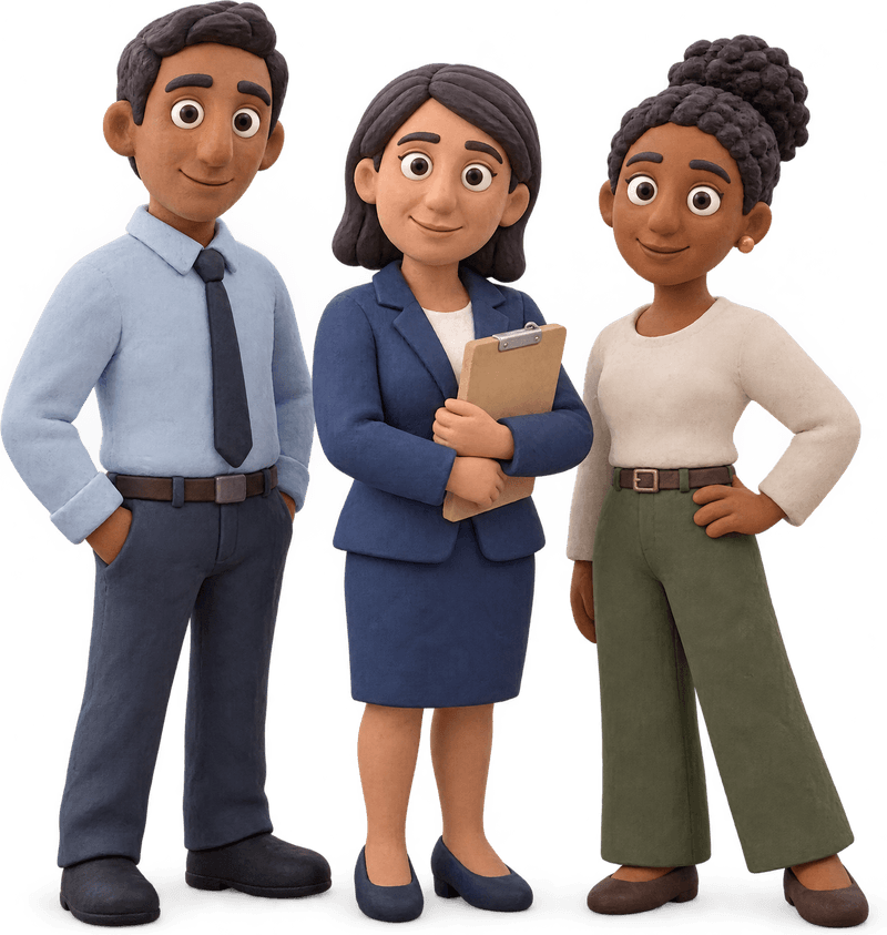 Illustration: three clay figures standing together, one holding a clipboard.